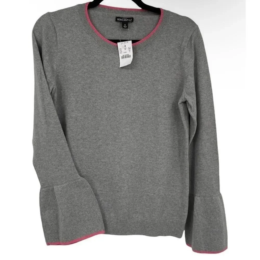 J.Crew Mercantile Gray Merino Wool Blend Bell Sleeve Sweater Pink Trim Small NWT